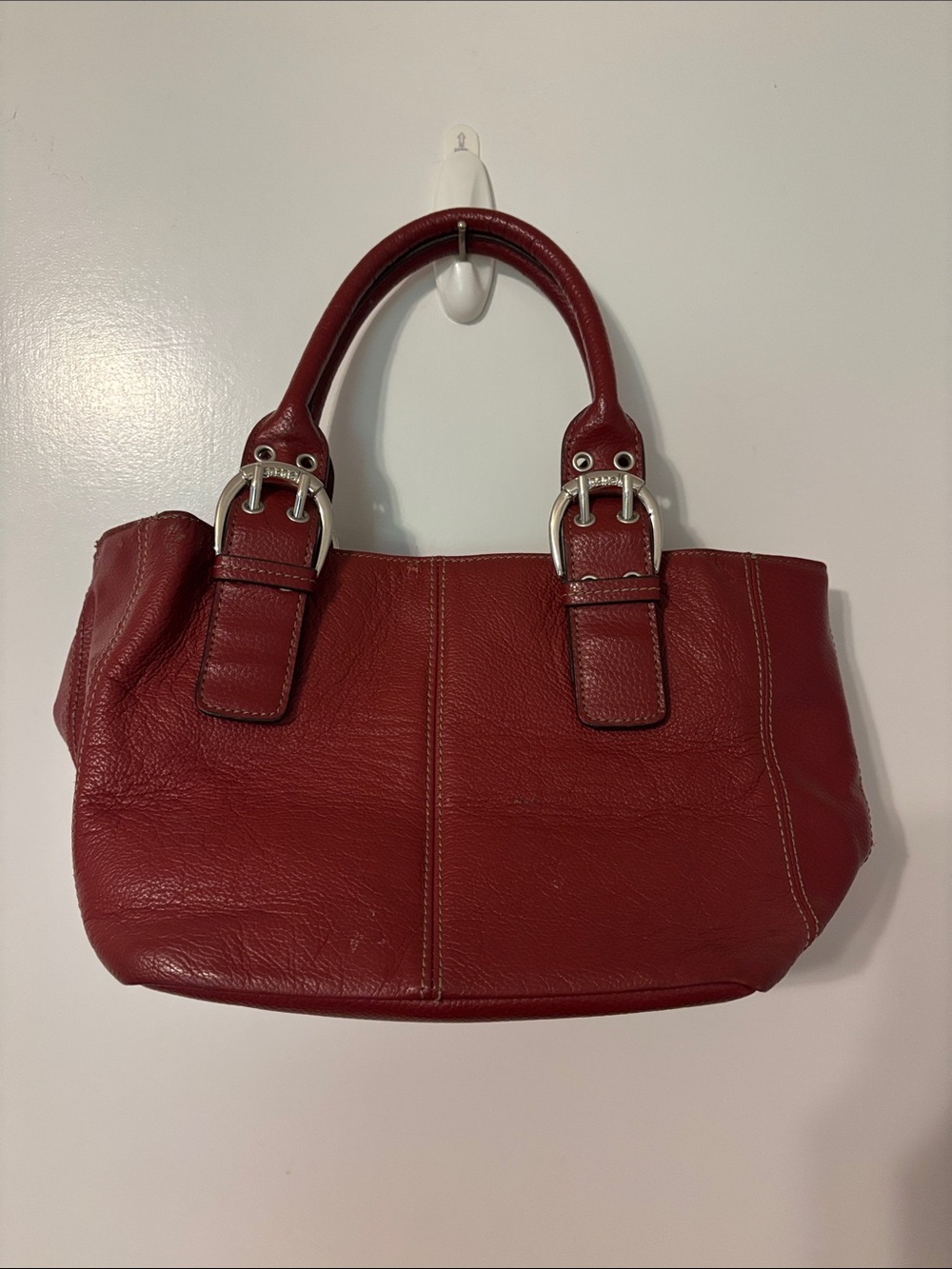 Tignanello Red Leather Mini Satchel with Silver Buckles